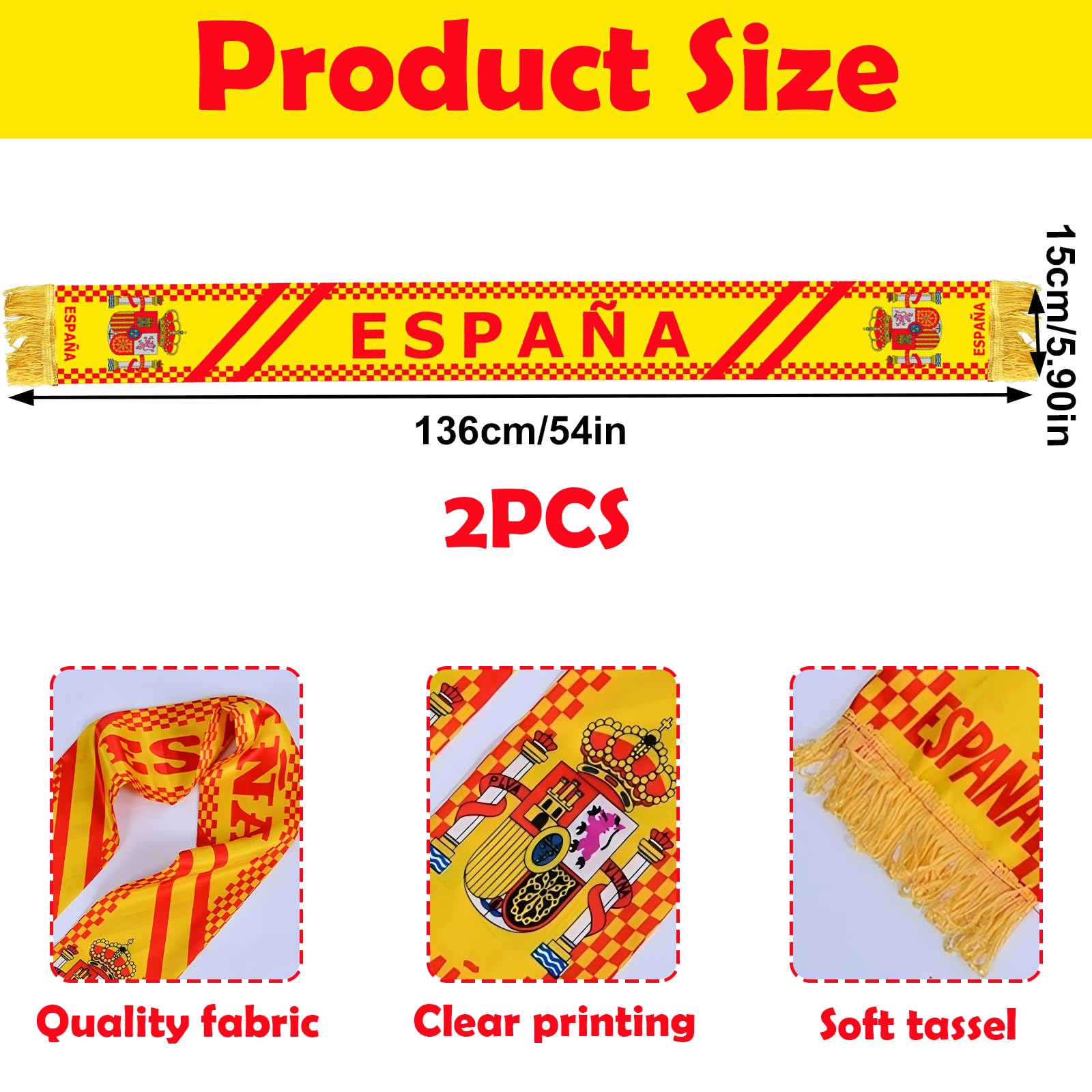 YESAH 2P España Bufanda,Bufanda de Apoyo a la Selección Nacional de España,Estampado a Doble Cara,Colores de la Bandera para Eventos Deportivos,Copa del Mundo.