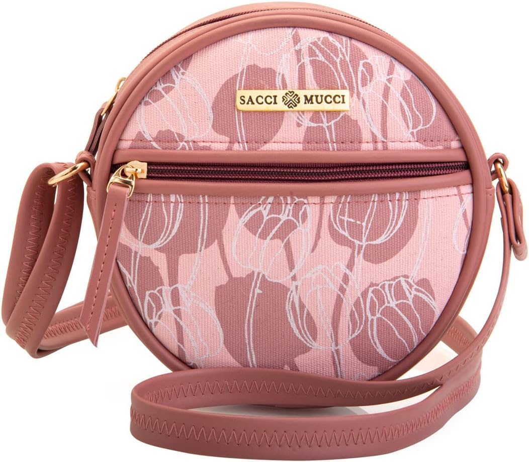 SACCI MUCCIWomen's Full Moon Round Sling Bag, Handmade Bags for Females - Vegan Leather and Coated Cotton Canvas Fabric, Lightweight and Durable