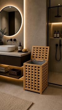 Bambu Çamaşır Sepeti, Kapaklı, Bez İç Hazneli, 40x40x60 cm, Banyo Düzenleyici Kirli Kıyafet Sepeti