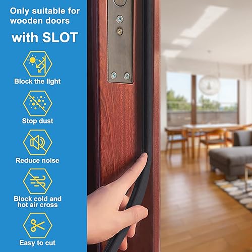 Miniatura 5 de Burlete de puerta de 40 pies, burlete para puertas con ranura, sello de puerta para gran espacio y fácil instalación (40, negro)