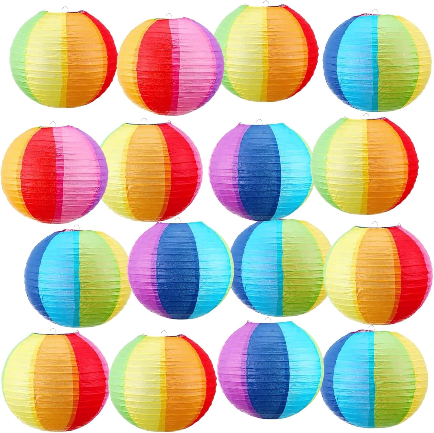 9.8 in / 25 Cm 24 Pcs Lanterns Rainbow Paper, for Party Hanging Lanterns Decorations, Hooks Metal with Colorful Folding, Events and Outdoor Indoor Ideal for