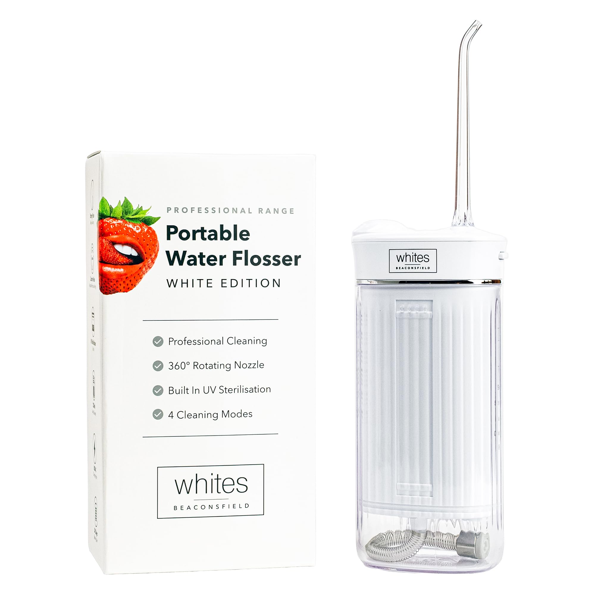 Whites Beaconsfield Idropulsore Dentale Portatile Elettrico Bianco con Serbatoio da 230 ml - Irrigatore Orale con Modalità Regolabili - Pulitore Denti ad Acqua per Gengive Sensibili - Ricaricabile