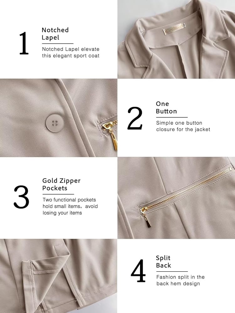 Genhoo Women's Blazer Solid Stretch Long Sleeve One Button
