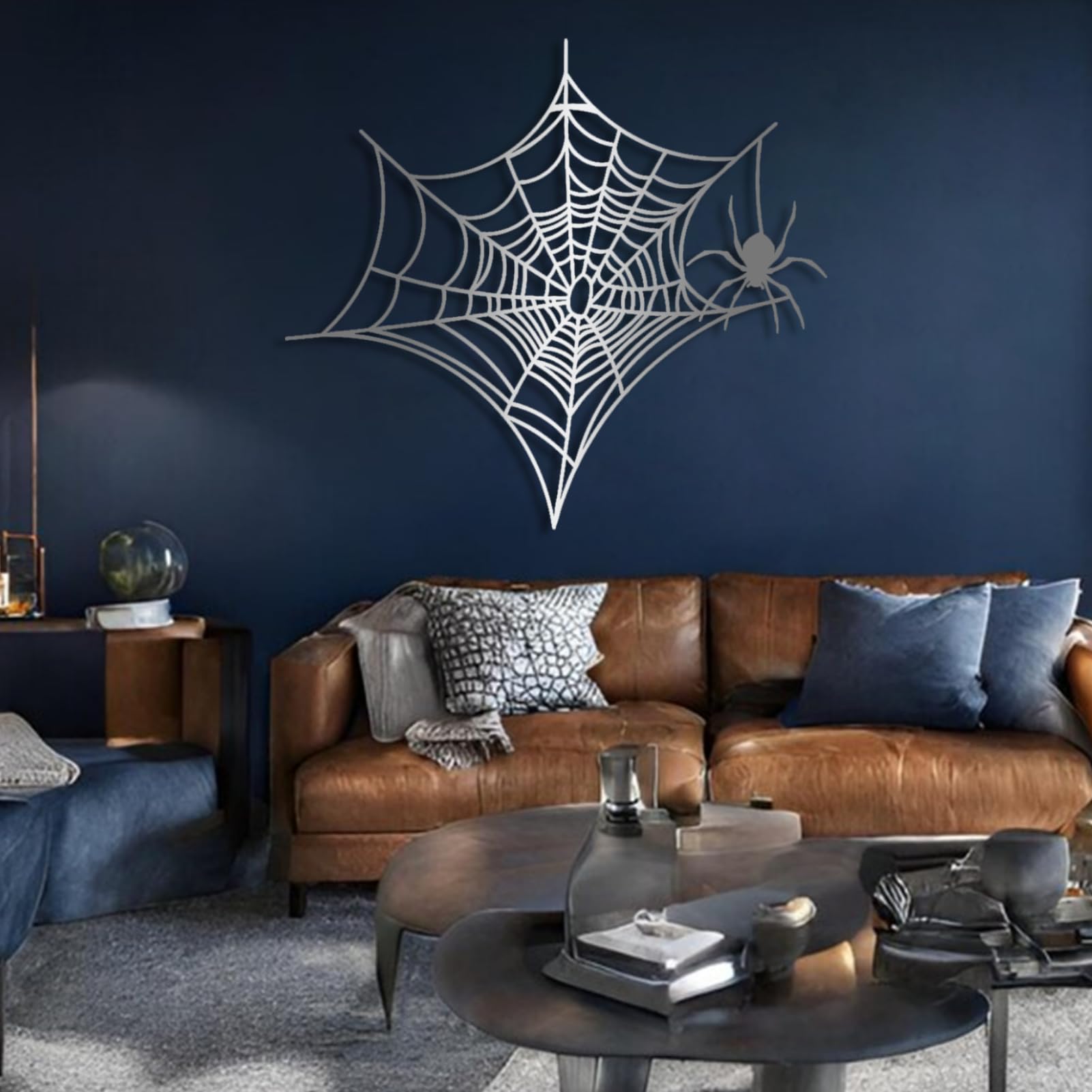 Metalowa, czarna pajęcza sieć, metalowa dekoracja ścienna na Halloween, nowoczesna rzeźba z pająkiem do salonu, sypialni i przedpokoju (biała, 53 x 48 cm)