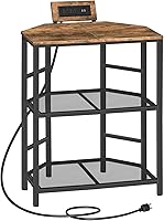 MAHANCRIS Corner Printer Stand with Charging Station, 3-Tier Metal Frame Shelf, Adjustable Feet for Home Office, Rustic Brown PTHR14E01