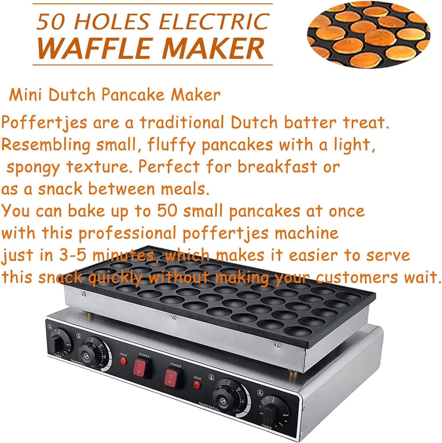 Commercial Electric Nonstick Waffle Maker Machine - Mini Dutch Pancake Maker for Home Kitchen Restaurant, Non-stick Pancake Baker