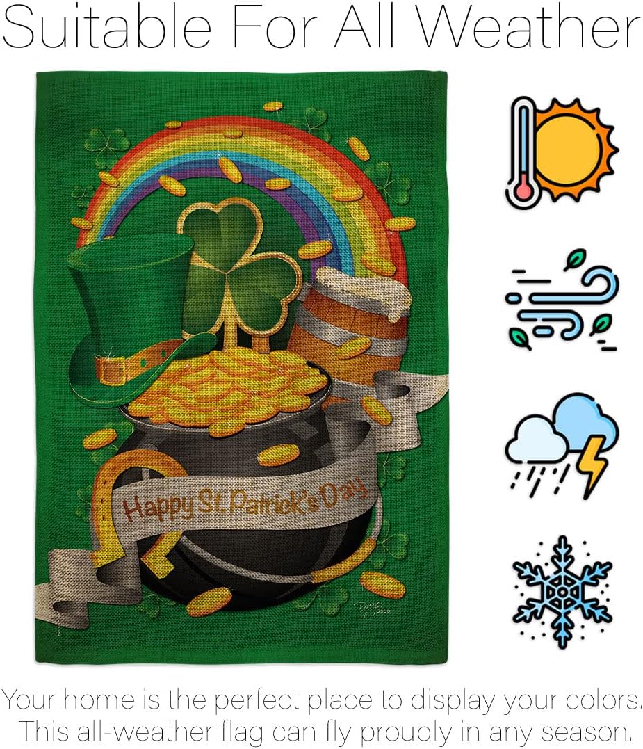 Breeze Decor Happy Day Garden Flag Set Wall Hanger Spring St Patrick Shamrock Leprechaun Lucky Coin Holiday March Irish Clover House Banner Small Yard Gift Double-Sided, 13"x 18.5", Thick Burlap