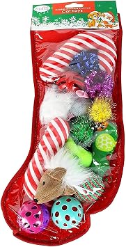 Midlee Christmas Stocking Cat Toy Gift Set 14 Toys- Candy Canes, Bells, Mice Kitten Holiday Toys