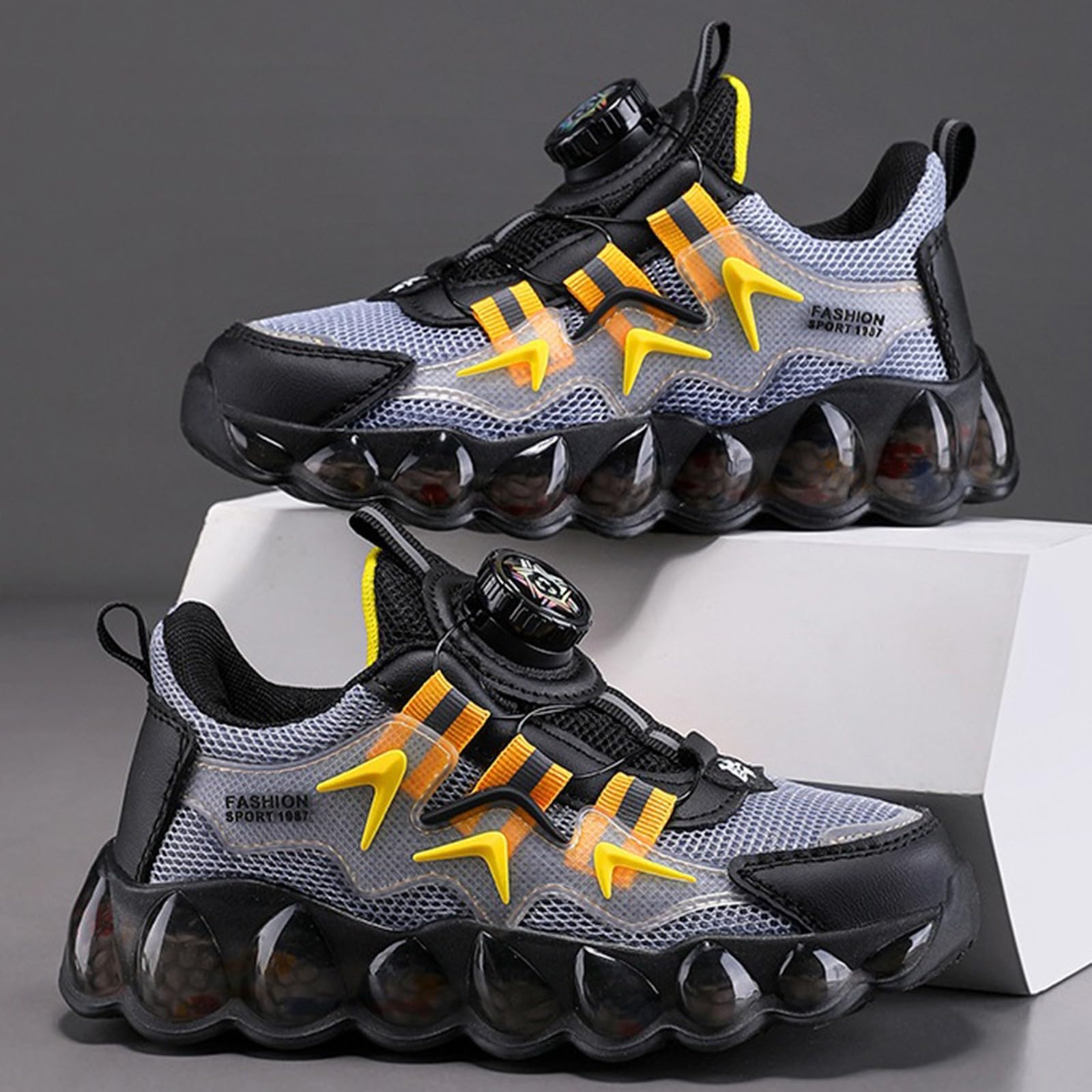 Chaussures de tennis pour garçons - Taille 1 - Printemps, été et automne - Maille respirante - Boucle rotative - Lacets réglables - Taille M et L - Chaussures de sport décontractées pour enfants