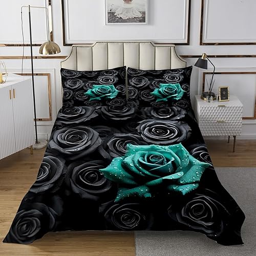 Miniatura 2 de Erosebridal Juego de colcha romántica floral de rosas negras y verde azulado, juego de colcha de rosas 3D para dormitorio de mujeres y niñas,