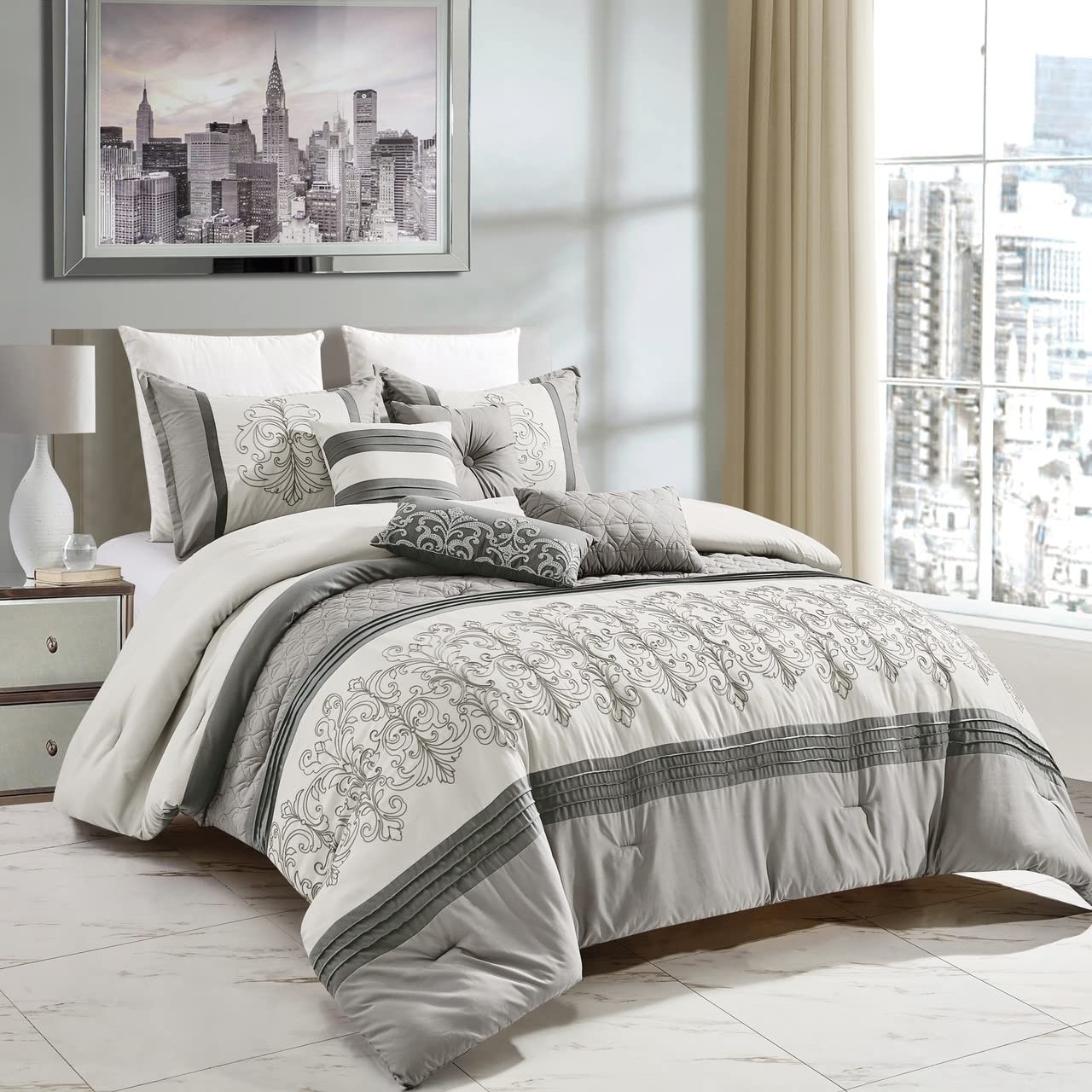 LinenTopia Luxury 7-Piece Full/Queen Comforter Set w/Shams Cushions, Modern Bright Elegant Damask Embro-Designs Quilted Grey and Light Grey White(