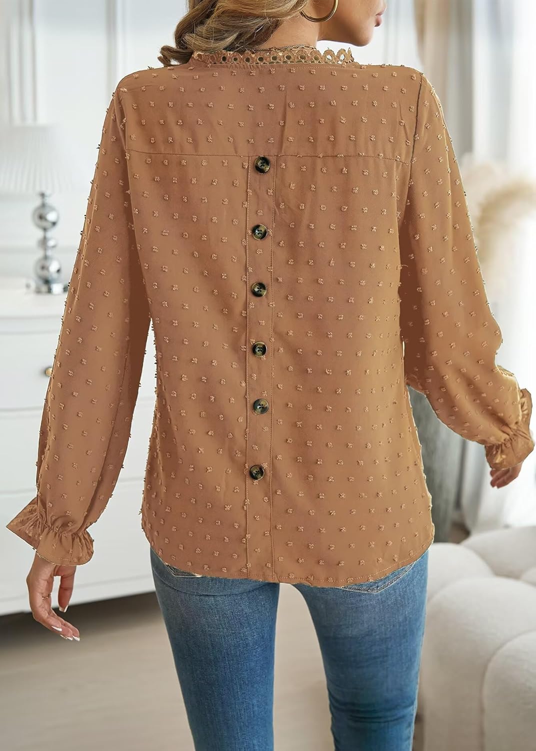 Womens Boho Tops Long Sleeve Shirts For Women Cute Crewneck Blouse Dressy Casual Swiss Dot Crochet Hollow Top 2026 - Image 3