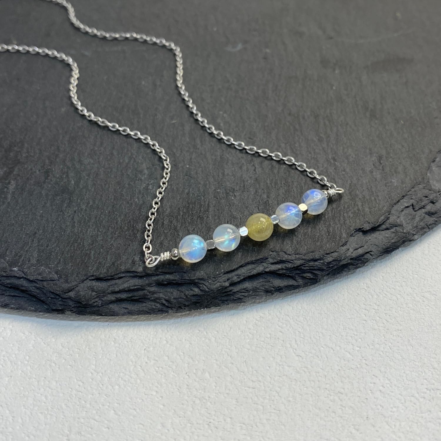 Artisan Handcrafted Moonstone Golden Rutilated Quartz Necklace, Customizable 14-24 Inch, Two-Stone Beaded Pendant, Simple Fine Jewelry for Her Him