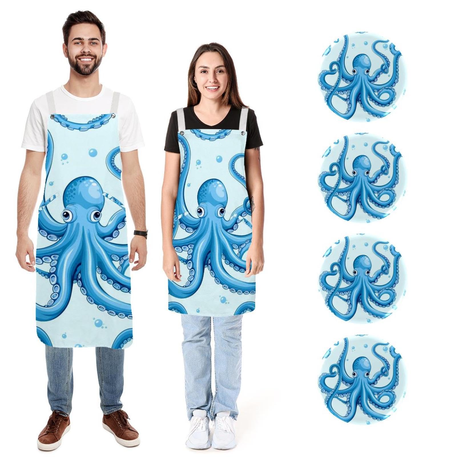 Tablier de cuisine pieuvre bleu lot de 2 avec poches