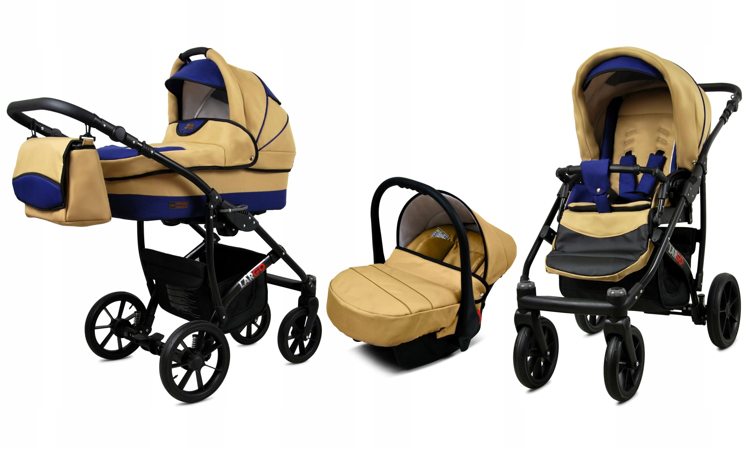 BabyLux Zestaw wózków dziecięcych 3 w 1 – Largo – w zestawie wanienka dla niemowląt, fotelik sportowy, fotelik samochodowy – zestaw wózków dziecięcych z torbą do przewijania, osłoną przeciwdeszczową