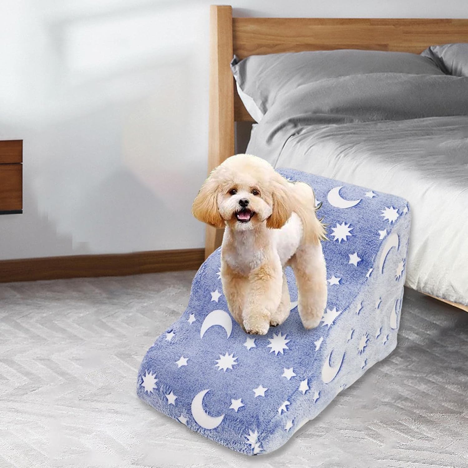 Dog Ladder Dog Stairs Puppy Cat Steps Anti Slip Bottom with Noctilucent for Sofa Bed Removable Cover and Machine Washable Detachable Pet Toy, Star Moon 58x38x38cm