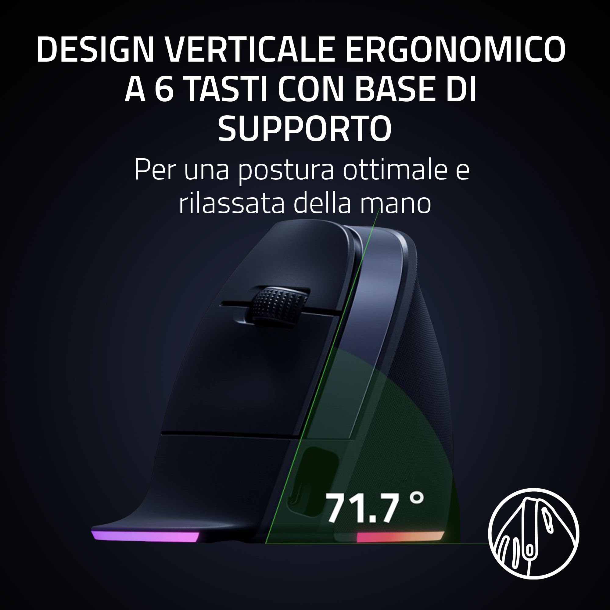Razer Pro Click V2 Vertical - Mouse ergonomico verticale senza fili per utenti destrorsi - Assistenza IA Prompt - Sensore ottico 30K (durata della batteria fino a 6 mesi, Chroma RGB, 9 Pulsanti) Nero
