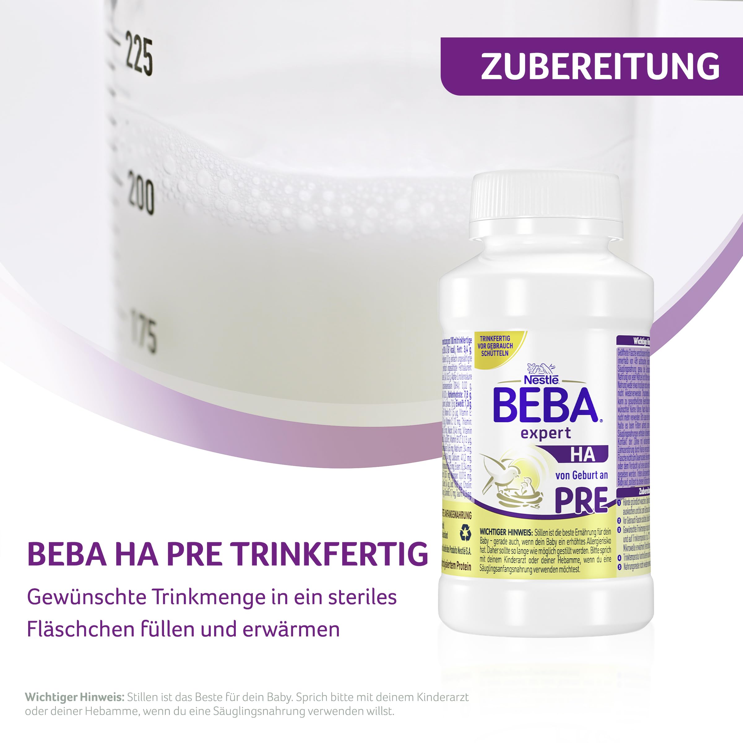 Nestlé BEBA expert HA PRE Hydrolysierte Anfangsnahrung, Säuglingsnahrung von Geburt an, 12er Pack (12 x 200ml)