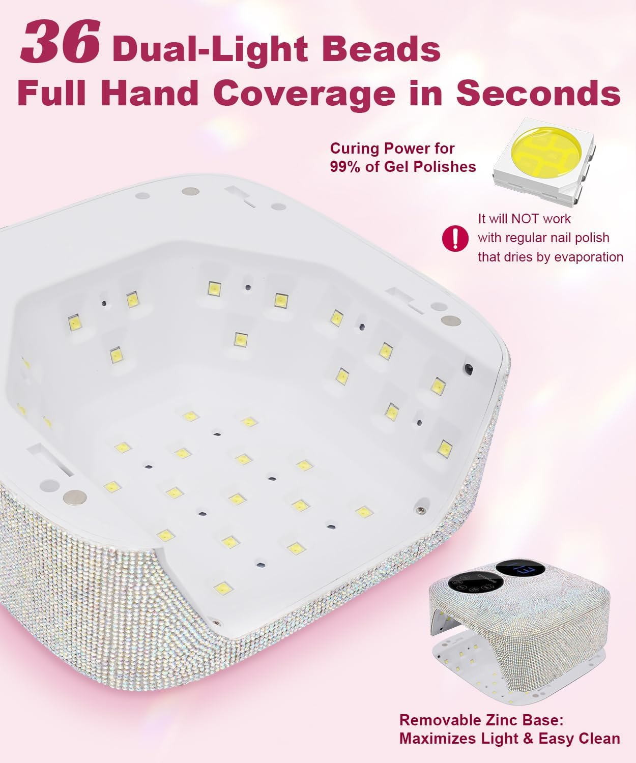 80W Cordless Nail Lamp with Magnetic Detachable Base, Dual-Screen Display & Gel Nail Light, Professional UV/LED Light for Gel Nails Fast Curing All Gel Polishes (Diamond)