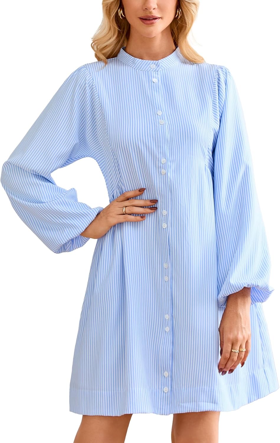 Women's Striped Tunic Mini Dress Long Sleeve Button Down Collarless Shirt Dress with Pockets