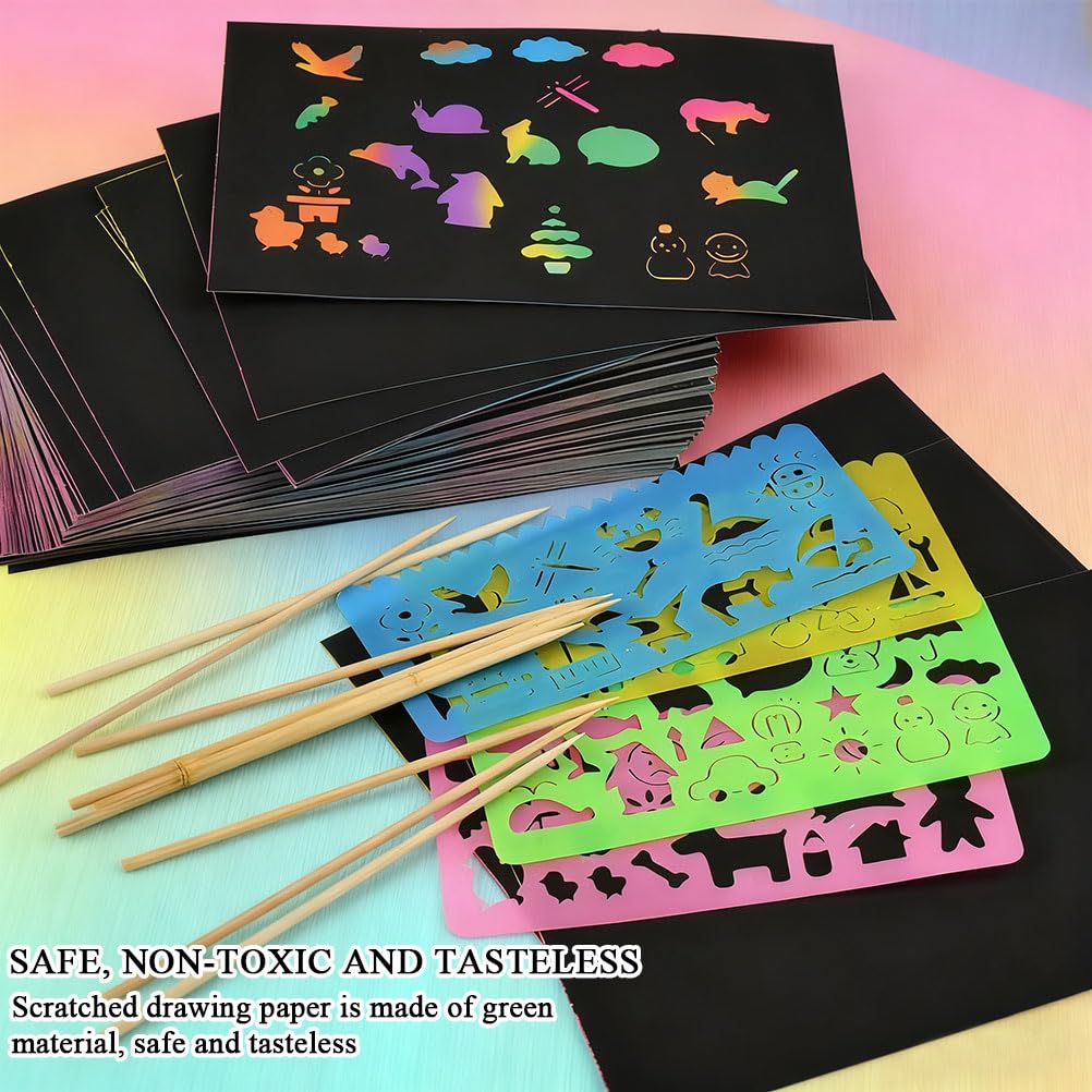 100 Feuilles de Dessin à Gratter Scratch Art Paper, Artisanat, 4 Modèles de Dessin et 10 Crayons en Bois, Couleurs Arc-en-Ciel