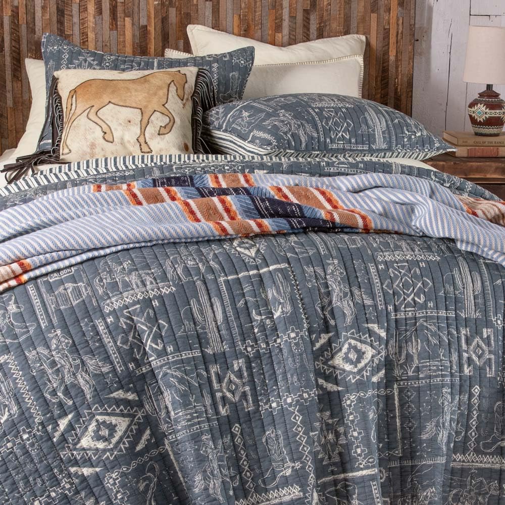 Rod's Exclusive Westward Trail Quilt - Classic Cowboy Chalk Motifs - Denim Blue - Cotton - Full/Queen Size (88x92in)