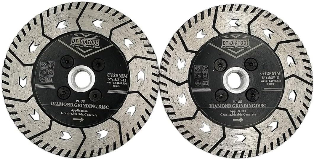 DT-DIATOOL 5 Inch Diamond Dual Blade Pack of 2 Cuting Grinding and Sharpening for Granite Marble Concrete