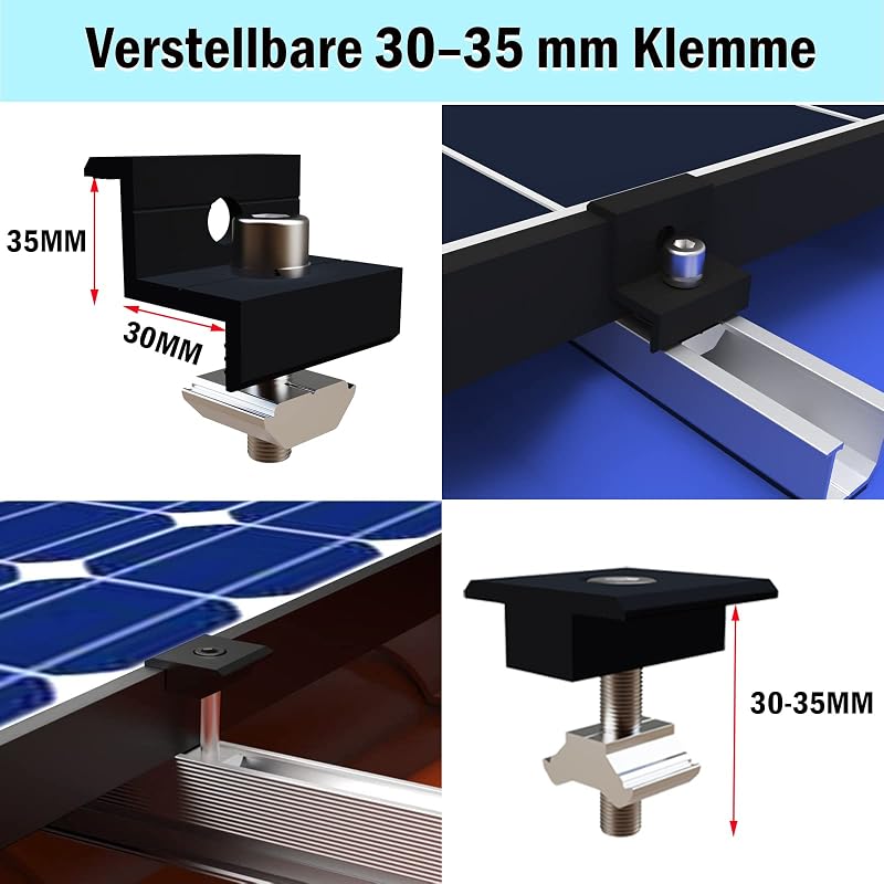 Sistem de montare panouri fotovoltaice Warmfay pentru acoperiș plat, șină de montaj din aluminiu 12 cm, clemă reglabilă neagră 30-35 mm, pentru acoperiș trapezoidal cu 4 panouri