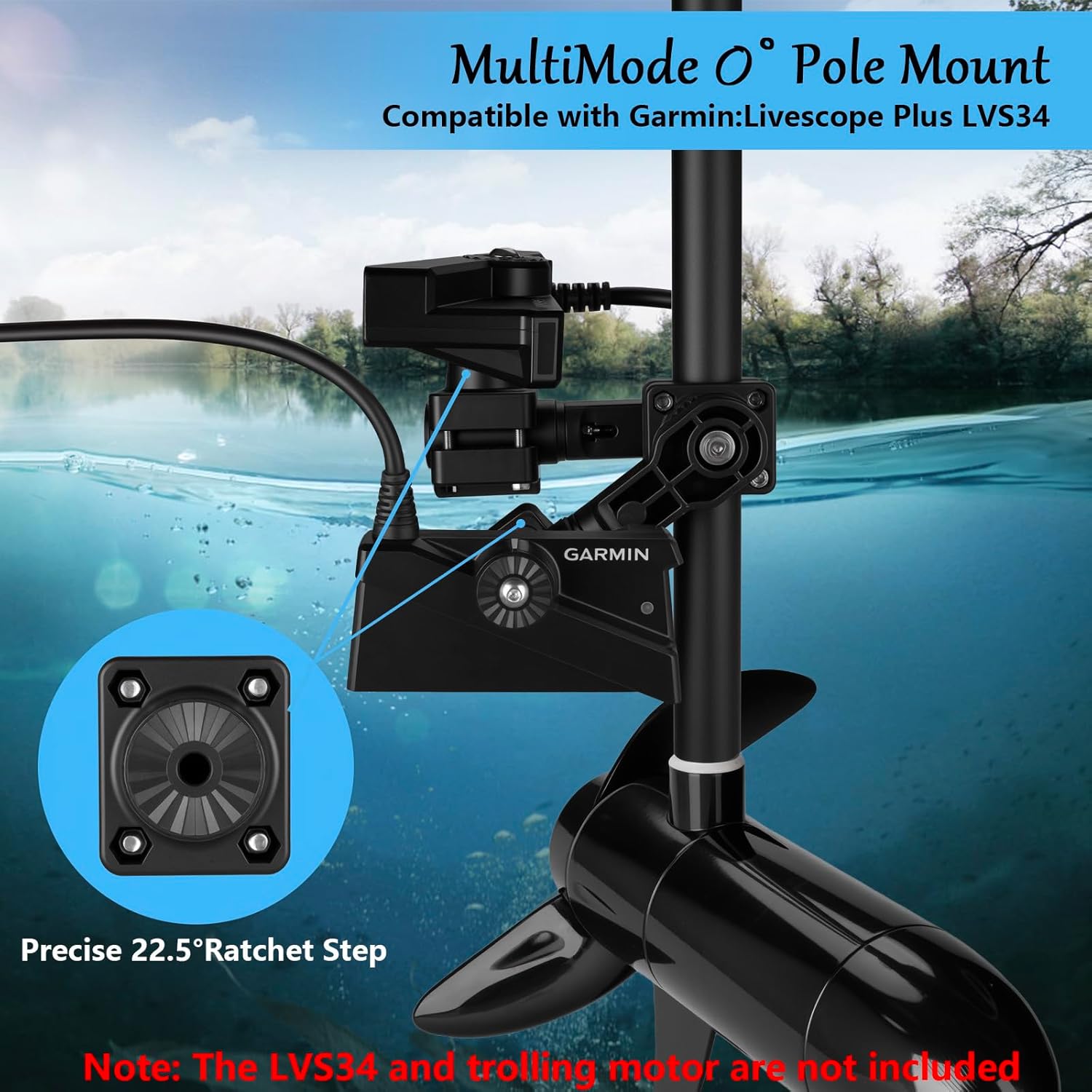 Double 0 Degree LiveScope Pole Mount Compatible with LVS34,MultiMode Transducer Mount for Pole & Trolling Motor Shaft