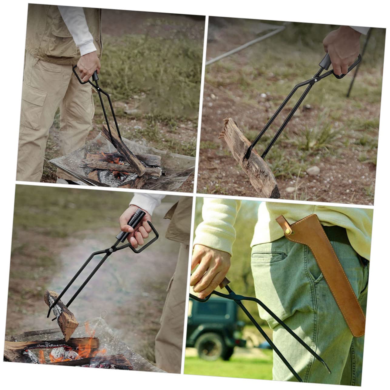 Pinza per Carbone da Esterno in Ferro con Manico in Legno | Nera, Comoda per Spostare Braci, per Attività All'aperto e Cena, Accessori Barbecue