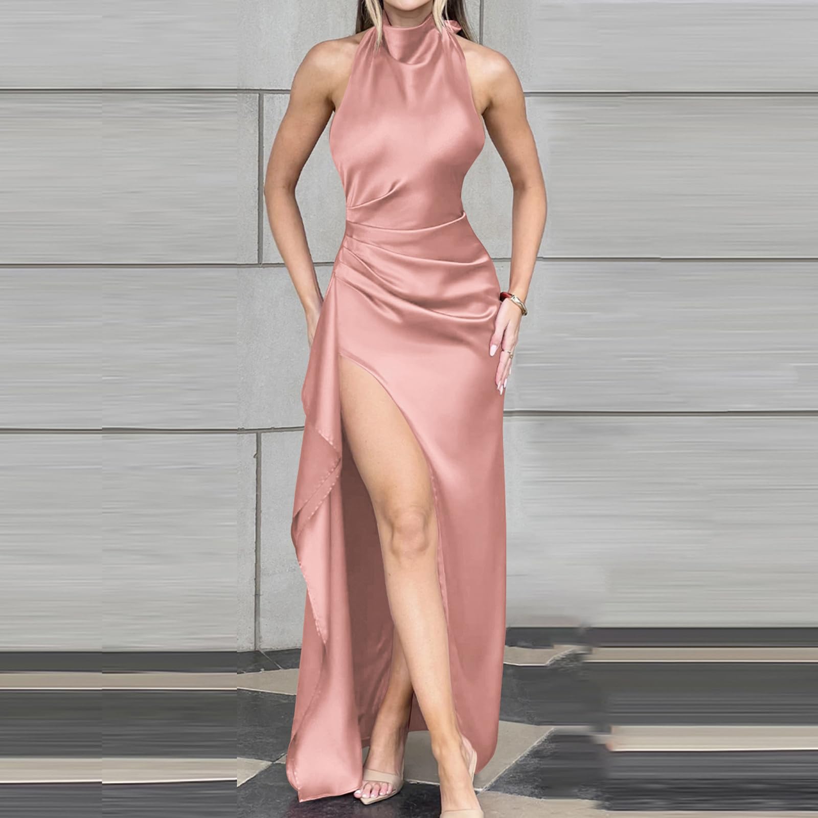 Robe Femme Sexy Longue Robes Maxi Dos Nu Fendue en Satin Robe de Soirée sans Manches Col Halter Chic Et Elégant Robes de Cocktail Party Demoiselle d'honneur