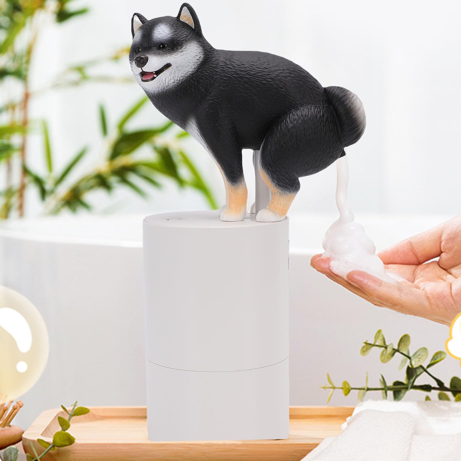 Fafeicy Dispenser Automatico di Sapone per Cani Carini, con Sensore Intelligente, Azione Schiumogena Senza, Materiale ABS a Batteria, per Uso in Bagno e (BLACK)