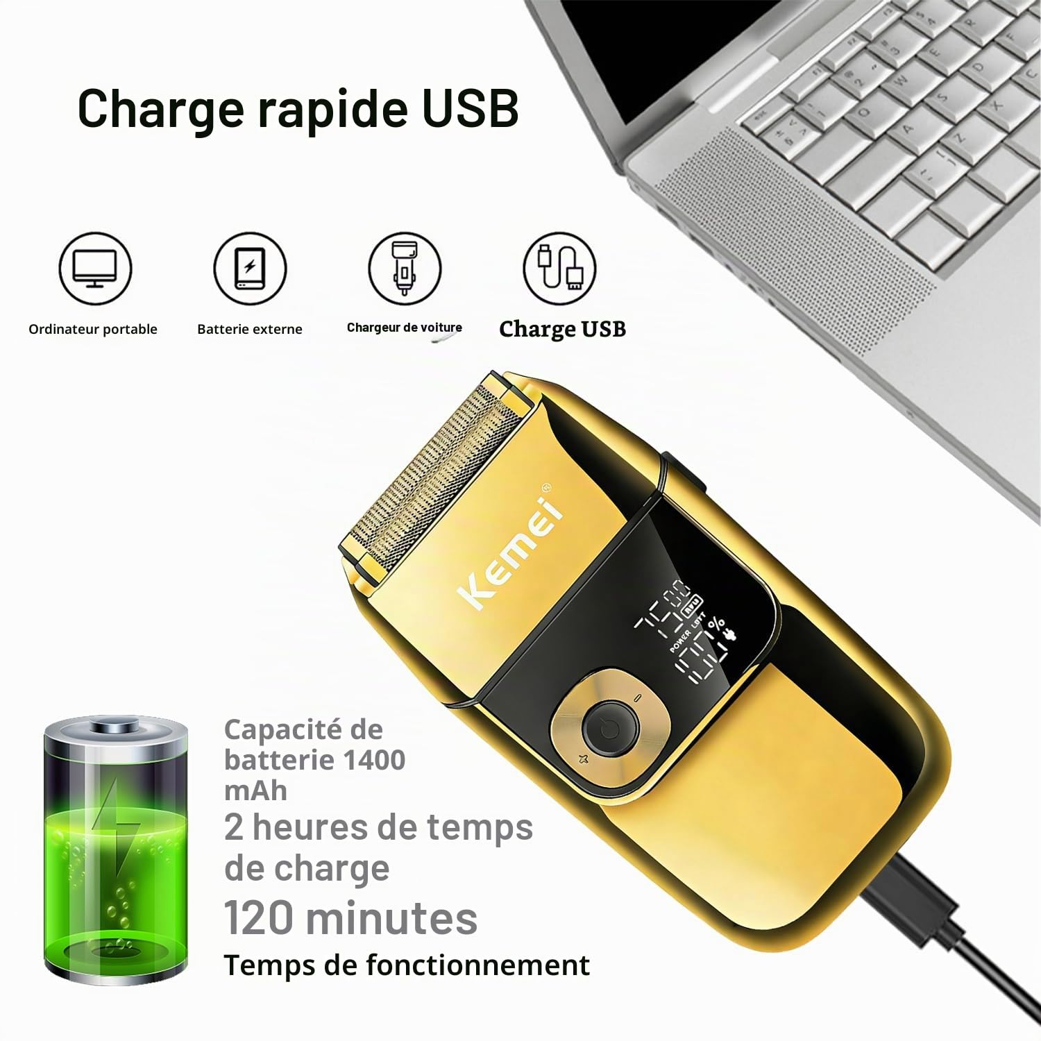 Kemei Rasoir électrique pour homme, tondeuse à barbe rechargeable sans fil, lavable, USB, affichage LED, rasoir en feuille de titane avec étui de transport