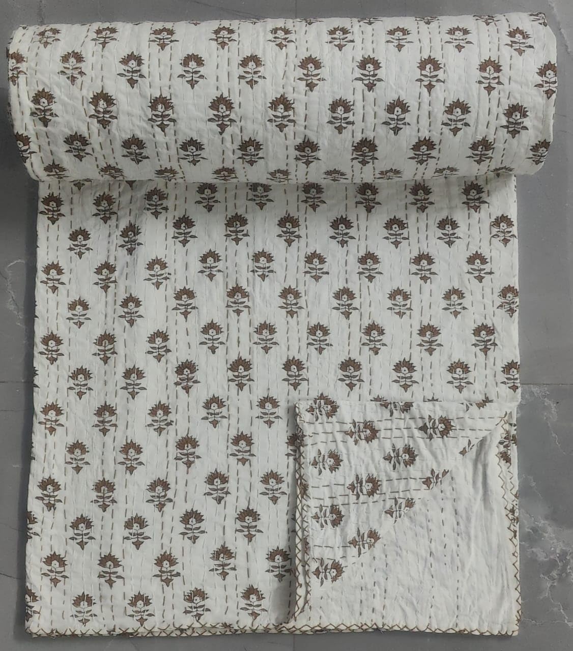 Kalap Cotton Handmade Handblock Quilted Blanket Indian Cottod Spread Kantha Floral Print Beork Bohemian Bed Decor Block Throw Blanket Twin (Brown Buti, Twin Size 60x90 Inches)