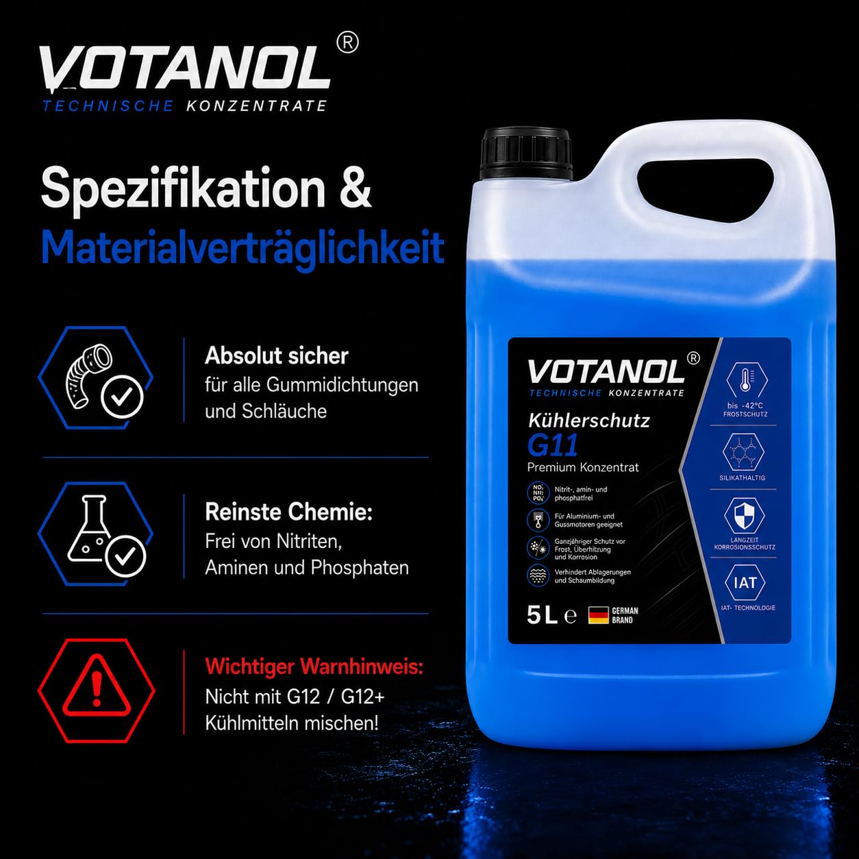 VOTANOL® 20 Liter Kühlerschutz G11 Konzentrat - Premium Kühlerfrostschutz Blau/Grün – Silikathaltige IAT-Technologie für Oldtimer, Youngtimer & Klassische Motoren