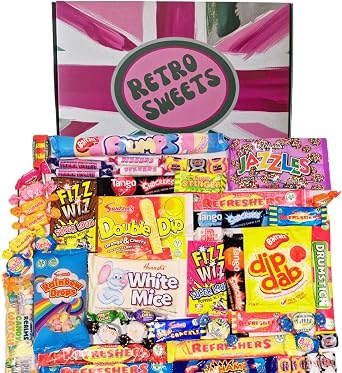 Retro Sweets Gift Box Ultimate Sweet Hamper. Packed in a fun Retro Design Box with over 50 Nostalgic and Popular British Sweets Large, Pink & Green Union Jack Inspired Design
