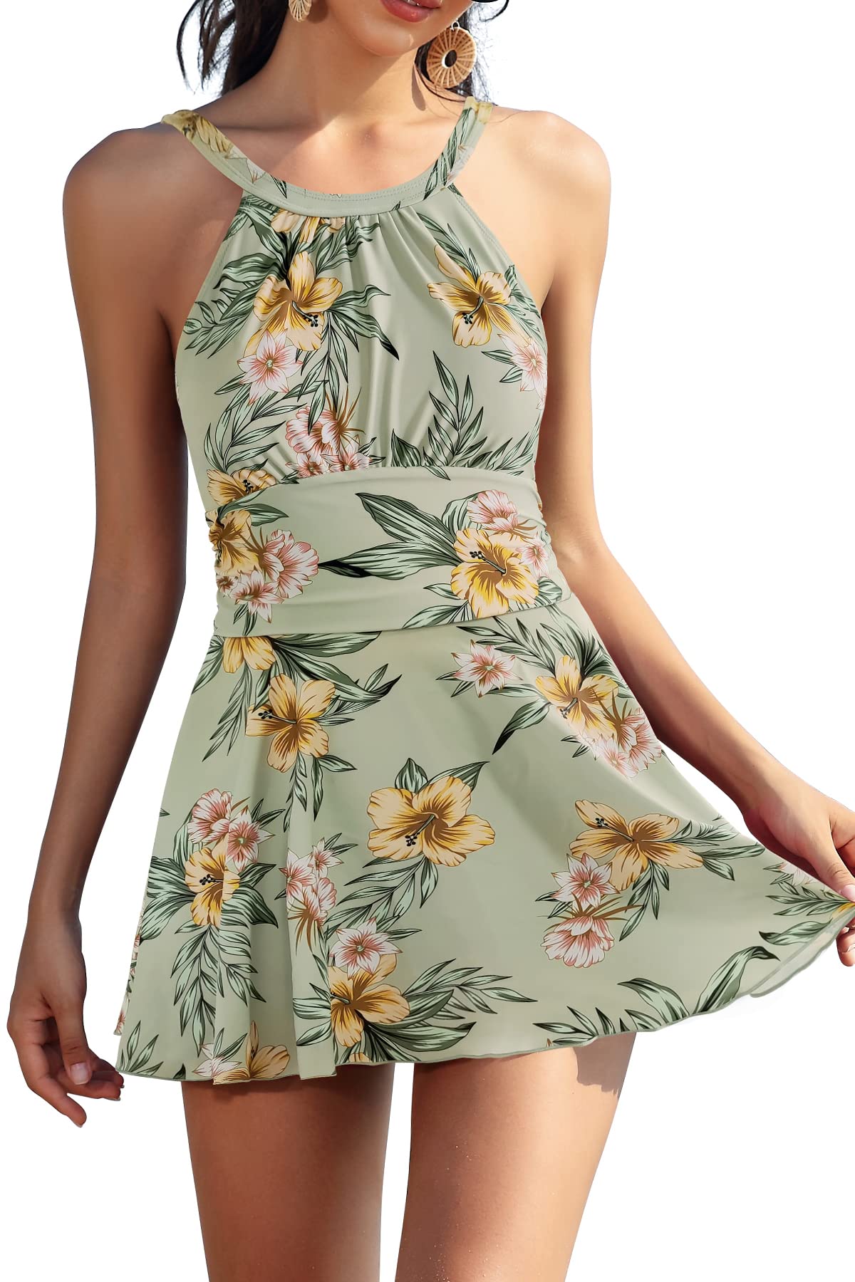SHEKINI Costumi da Bagno Donna Un Pezzo con Gonna Ruched Skirted Dimagrante Costume Intero Controllo Addominale Swimwear Sport Bikini da Spiaggia
