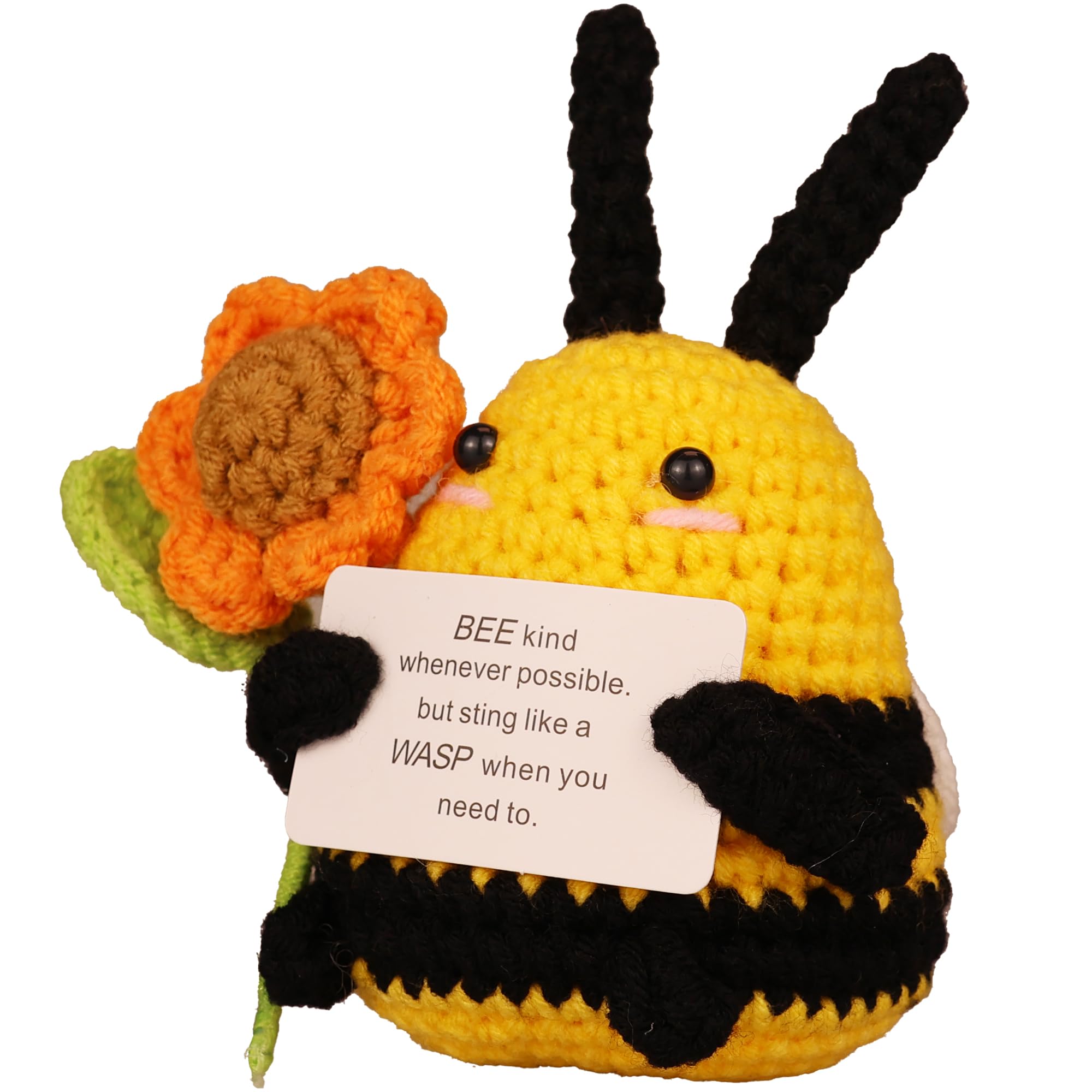 Handmade Crochet Emotional Support Bee with Flower Doll with Inspirational Card - Cute Knitted Positivity Gift for Women, Friends, Kids, Coworkers