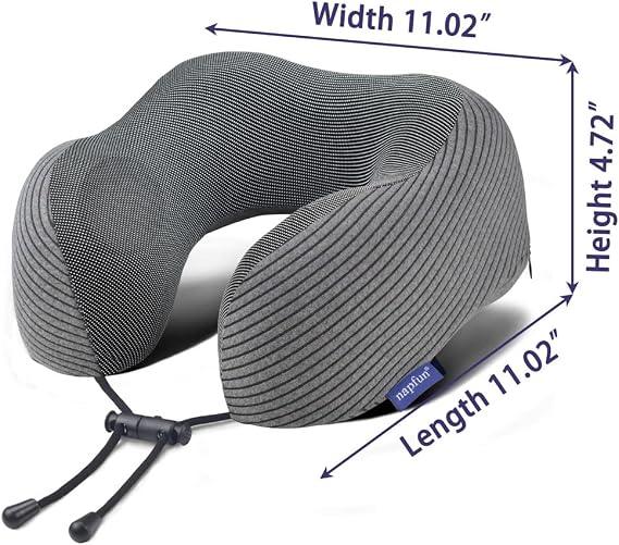 napfun Neck Pillow for Travel with Travel Pouch, Sleep Mask & Earplugs, Memory Foam Airplane Pillow for Headrest Sleep with Eyeshades, Plane Essentials with Eye Blindfold, Dark Gray Striped Kit