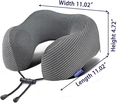 napfun Neck Pillow for Travel with Travel Pouch, Sleep Mask & Earplugs, Memory Foam Airplane Pillow for Headrest Sleep with Eyeshades, Plane Essentials with Eye Blindfold, Dark Gray Striped Kit