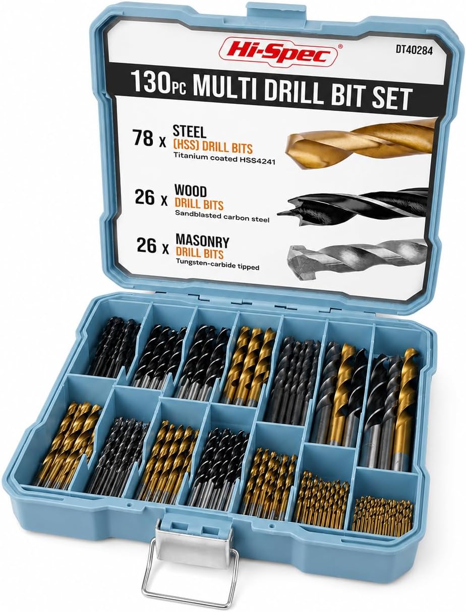 Hi-Spec HSS Mixed Drill Bit Set for Metal, Wood & Masonry with Storage Case