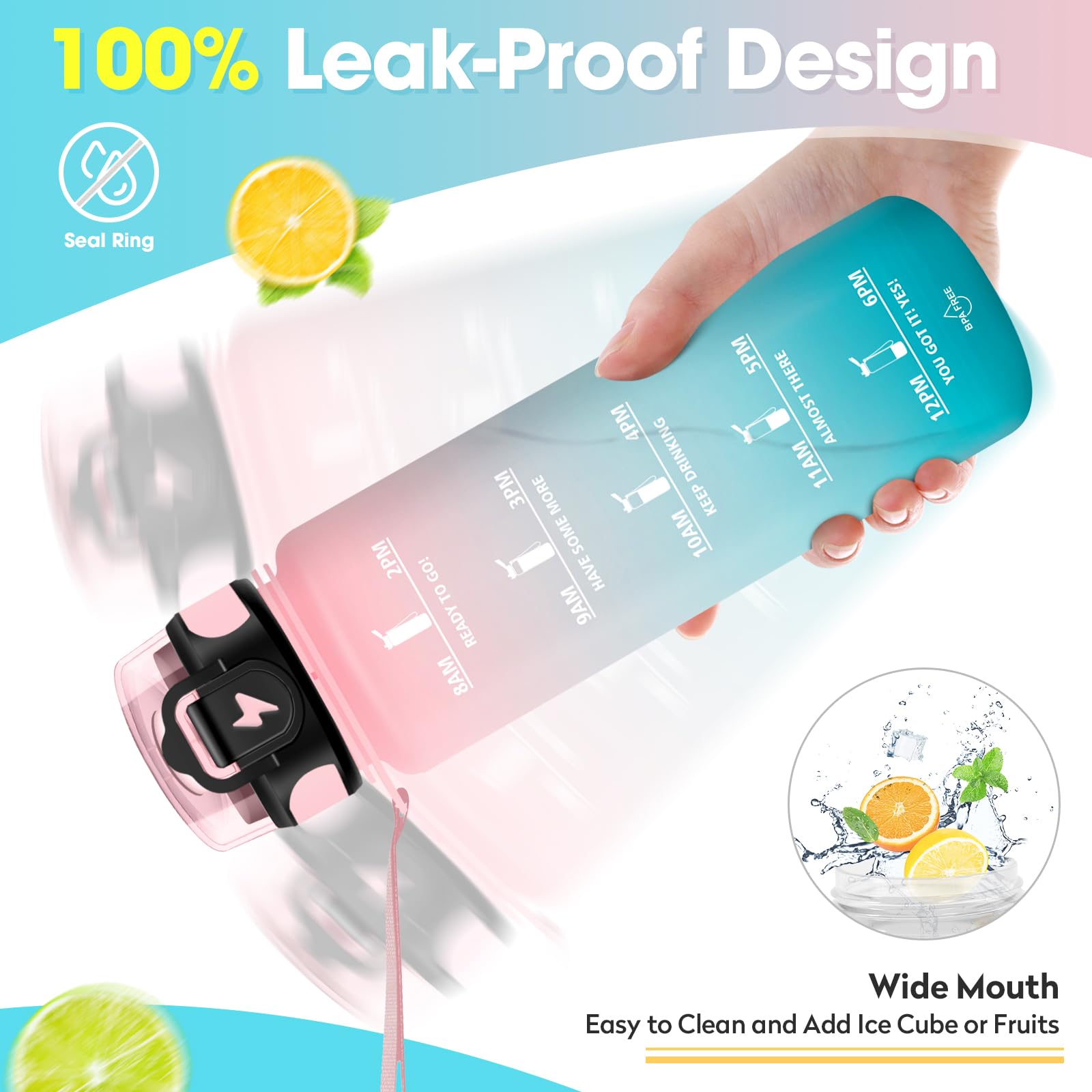 Borraccia con Cannuccia, 1 Litro BPA Free, Borraccia Palestra, Scala Temporale, Borracce Motivazionale, con Bocca Larga e Coperchio Antigoccia, Bottiglia Acqua, Ideale per Scuola, Ufficio, Palestr
