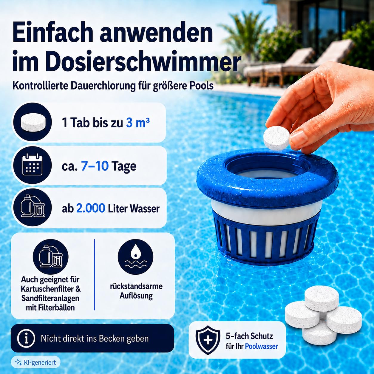 Multitabs für Pool 5 in 1 – 20g (5kg) - Hochwirksame Chlortabletten für Pool – Langzeit Chlor Tabs zur Algenbekämpfung & Flockung - Für kristallklares Wasser