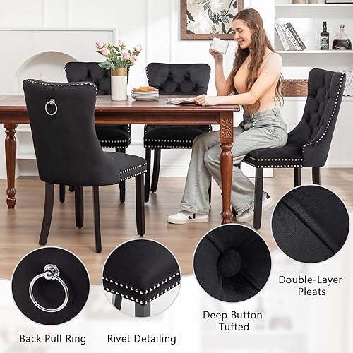 Miniatura 4 de Juego de 4 sillas de comedor de terciopelo, sillas de comedor tapizadas con ribete de anillo de clavo, sillas con respaldo de alas copetudas con