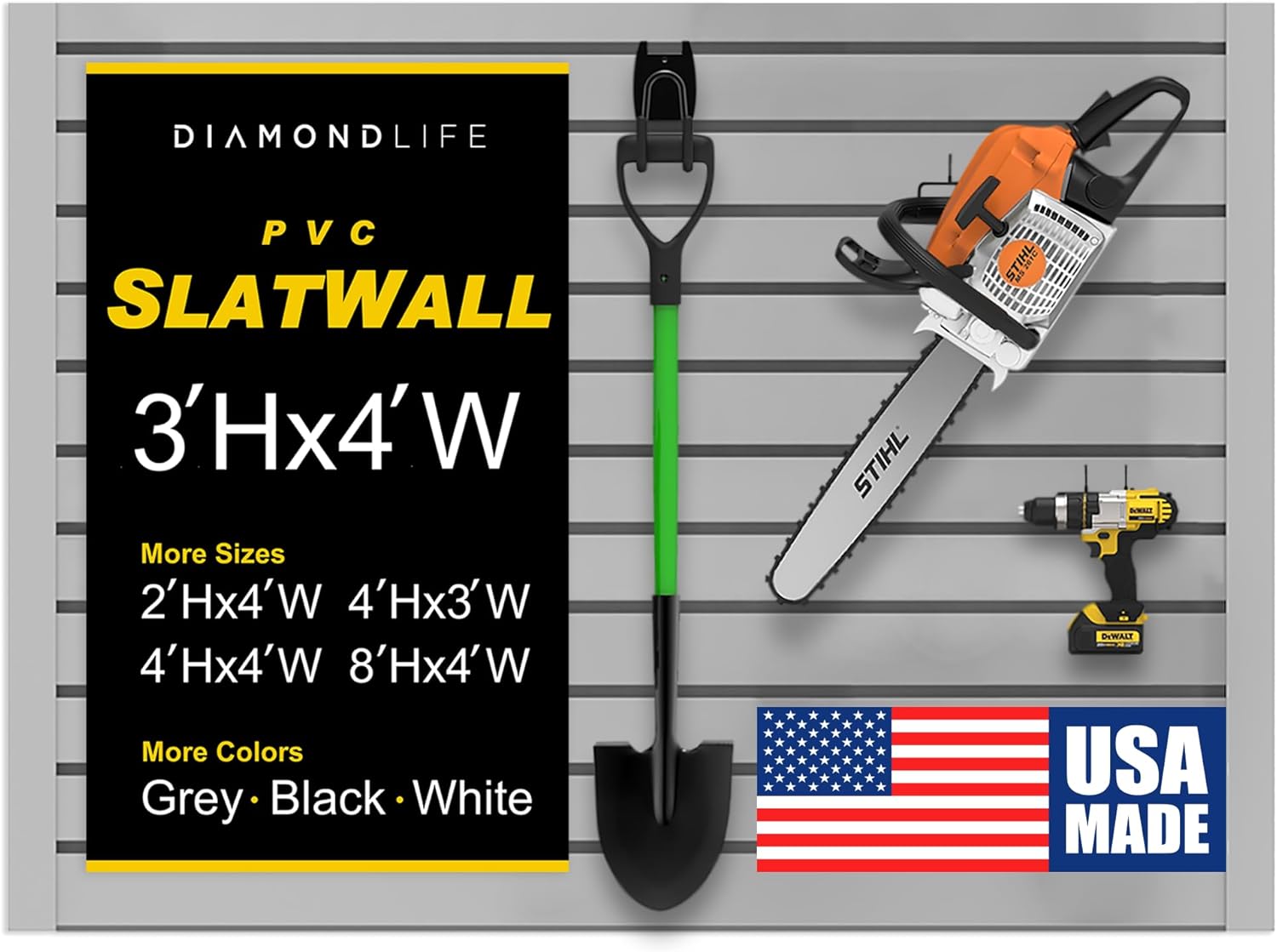 Heavy Duty 8x4 PVC Garage Slatwall Storage System (with Endcaps & Screws) - Modular Slat Wall Paneling for Garage Wall Organizer - Interlocking Slatwall Panels for Home & Commercial Use (Grey)