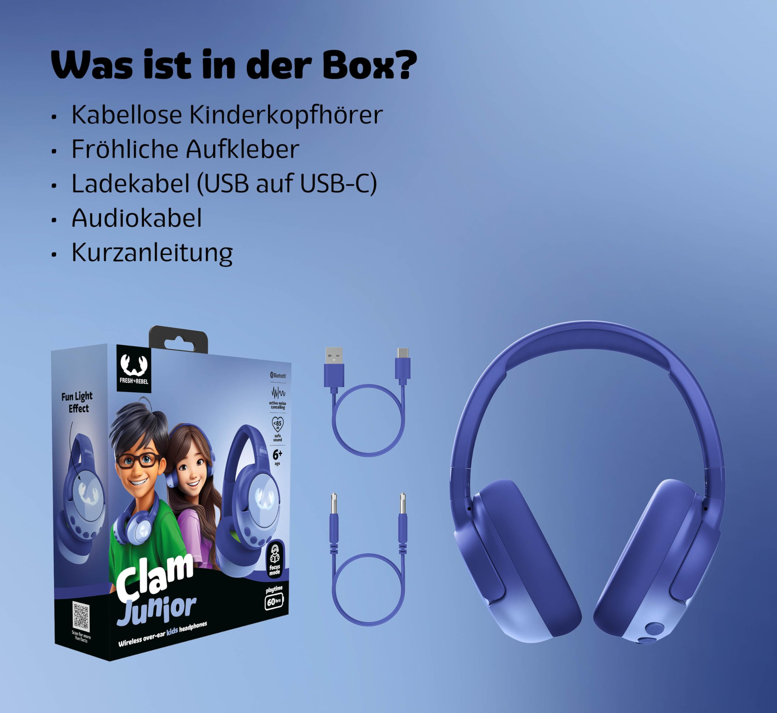 Fresh 'n Rebel Clam Junior, Bluetooth-Kopfhörer für Kinder mit aktiver Geräuschunterdrückung, sicherer Klang (<85dB), Mit Audiokabel und Aufklebern, LED-Lichteffekt. 60 Std. Spielzeit (Starry Sky)