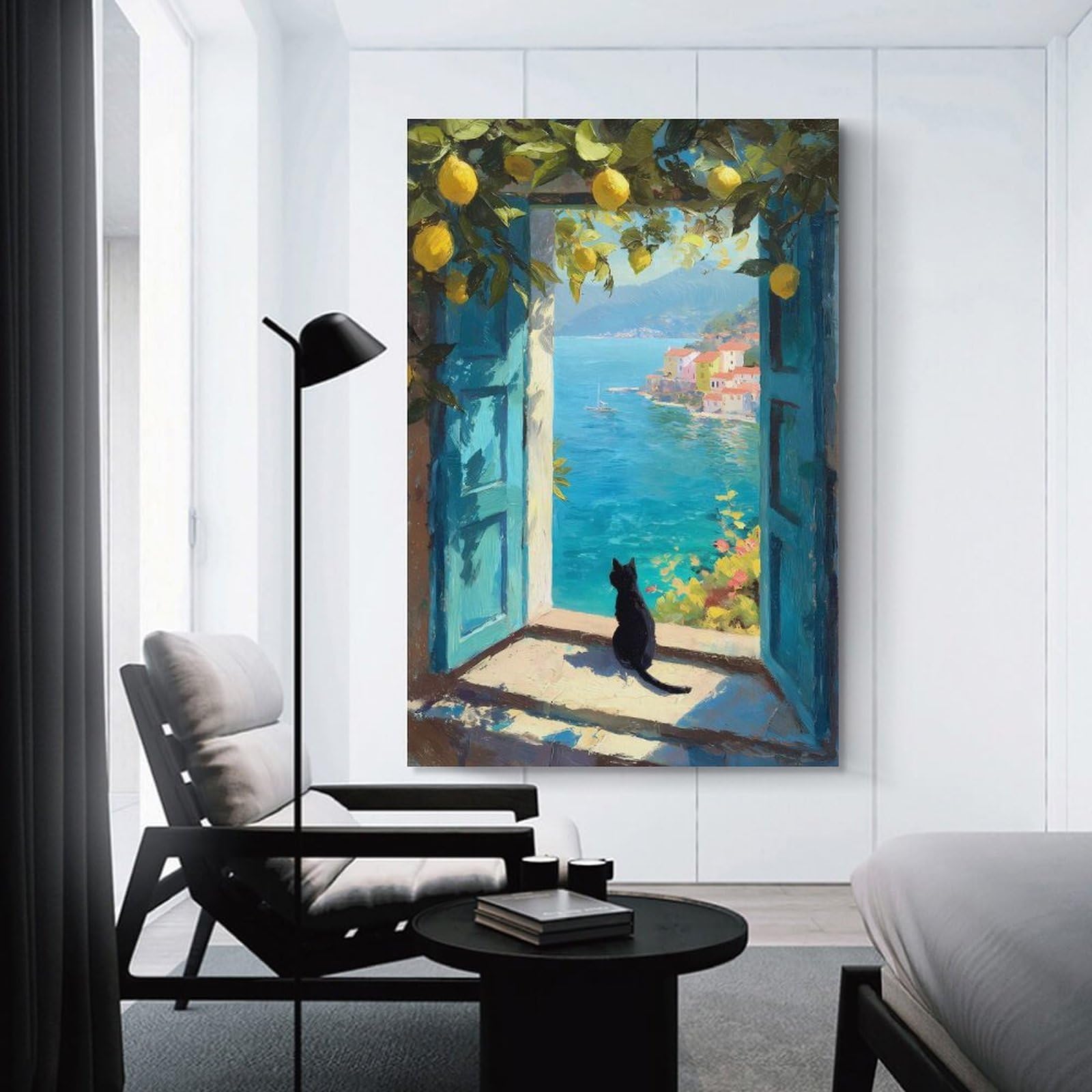 Junmoney Black Cat Gazes at Mediterranean Coast Canvas Wall Decor, 24x36inch(60x90cm), for Office, Study Or Home Workspace, Wall Art That Adds Style to Work Areas