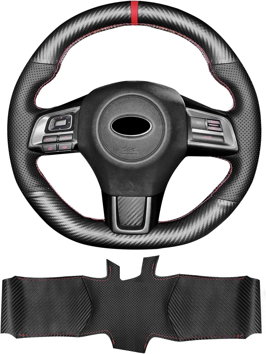 Carbon Fiber DIY Steering Wheel Cover for 2015-2019 Subaru WRX STI /2015-2019 Levorg/ 2019 STI S209 Interior Accessories, 15 inches Hand Sewn Stitching Leather Steering Wheel Cover Full-Wrap