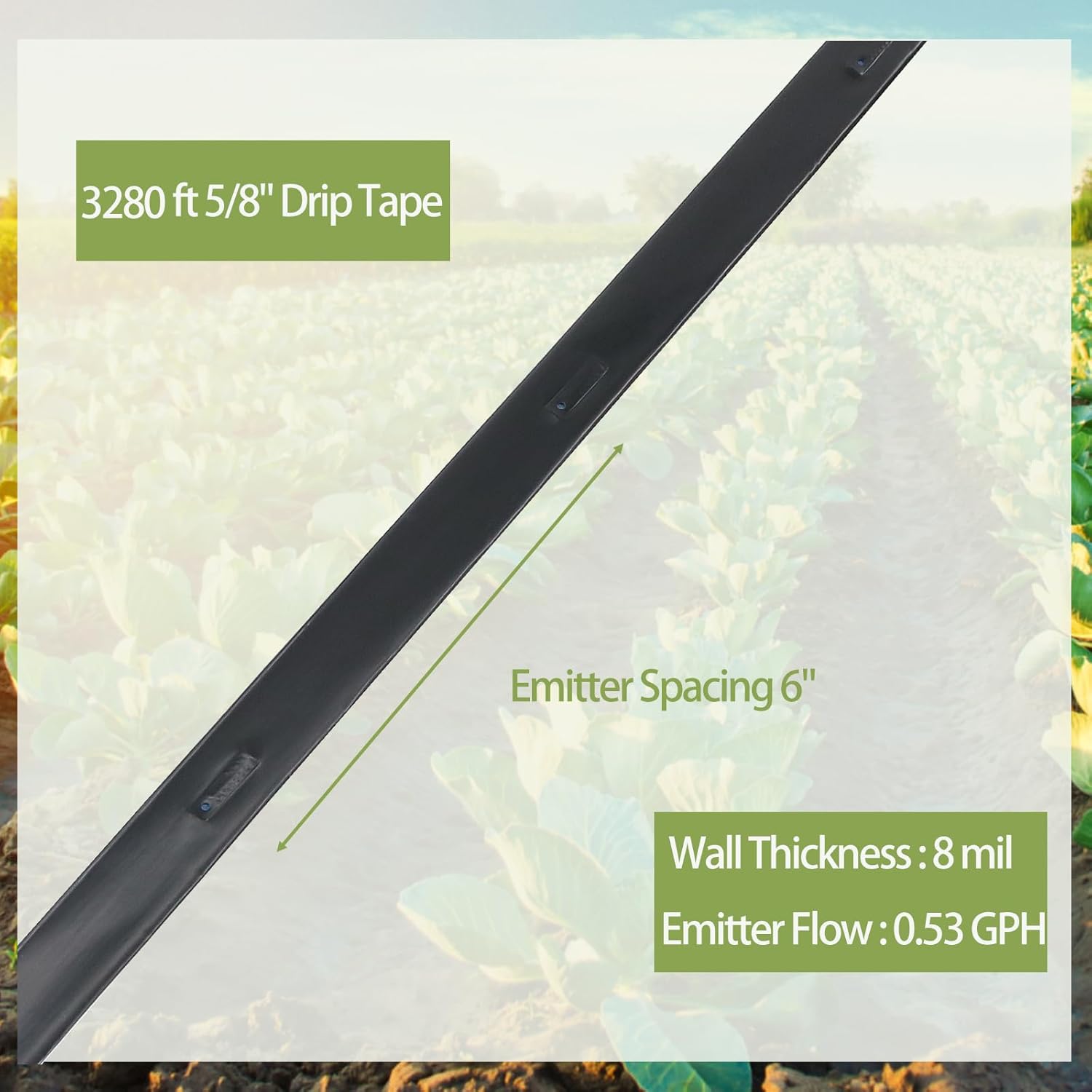 3280 ft 5/8" Drip Irrigation Tape Kit 8 mil Emitter Spacing 6" Flat Drip Tape with 140 PCS Drip Tape Connectors Automatic Irrigation Equipment for Garden Irrigation Emitter Flow:0.79 GPH