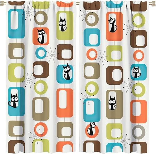 Cortinas de estilo de mediados de siglo, gato negro, moderno, abstracto, geométrico, vintage, colorido, patrón opaco, para ventana, puerta,